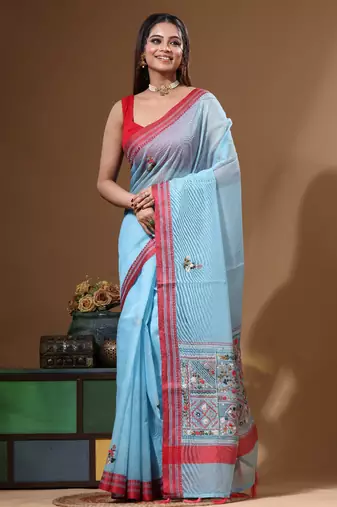 Blue supernet with kantha work saree with blouse piece