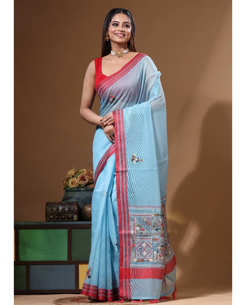 Blue supernet with kantha work saree with blouse piece
