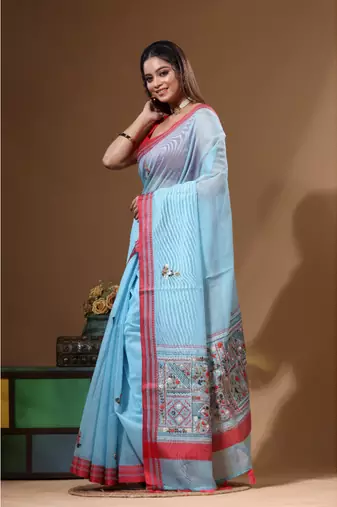 Blue supernet with kantha work saree with blouse piece