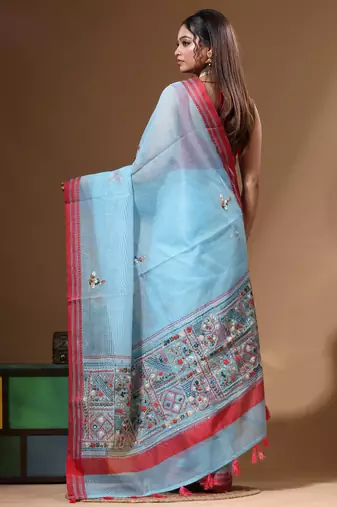Blue supernet with kantha work saree with blouse piece