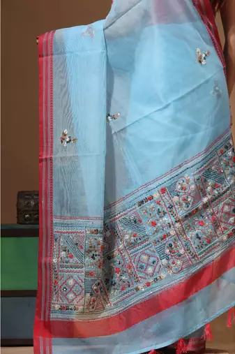 Blue supernet with kantha work saree with blouse piece