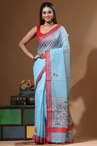 Blue supernet with kantha work saree with blouse piece