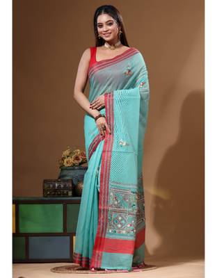 Green supernet with kantha work saree with blouse piece 1