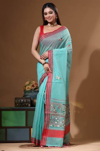 Green supernet with kantha work saree with blouse piece