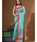 Green supernet with kantha work saree with blouse piece