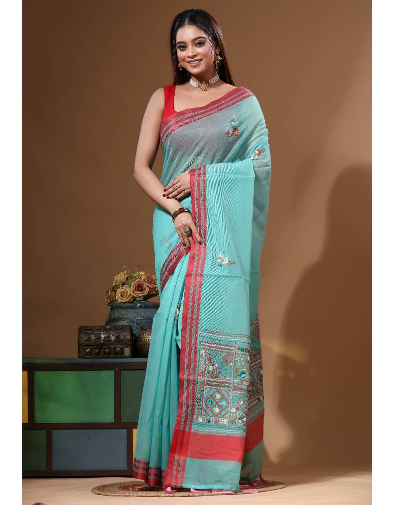 Green supernet with kantha work saree with blouse piece