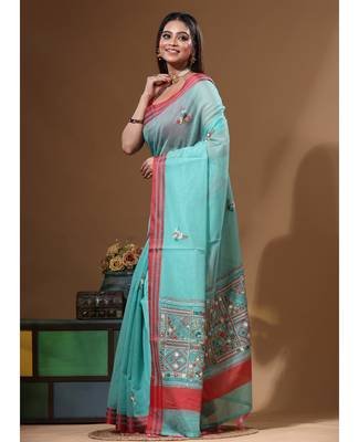 Green supernet with kantha work saree with blouse piece 2