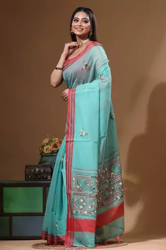 Green supernet with kantha work saree with blouse piece