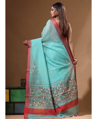 Green supernet with kantha work saree with blouse piece 3