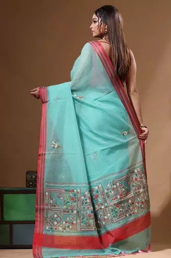 Green supernet with kantha work saree with blouse piece