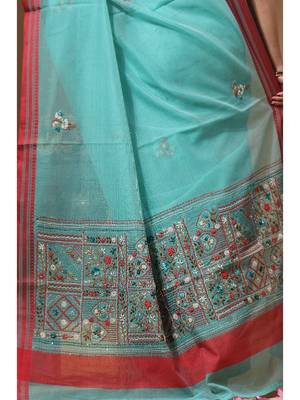 Green supernet with kantha work saree with blouse piece 4