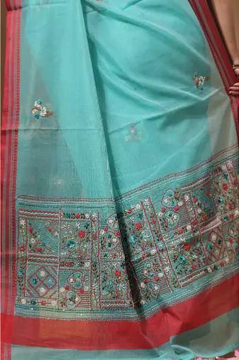 Green supernet with kantha work saree with blouse piece