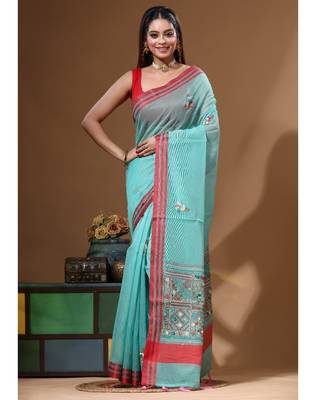 Green supernet with kantha work saree with blouse piece 5