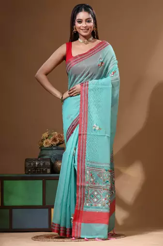 Green supernet with kantha work saree with blouse piece