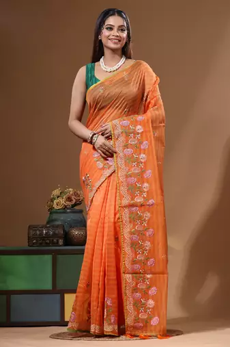 Orange supernet with computer embroidery saree with blouse piece
