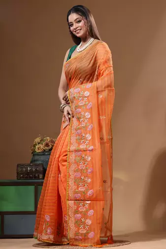 Orange supernet with computer embroidery saree with blouse piece