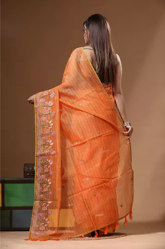Orange supernet with computer embroidery saree with blouse piece