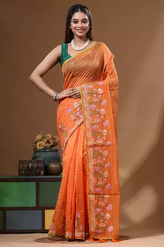 Orange supernet with computer embroidery saree with blouse piece