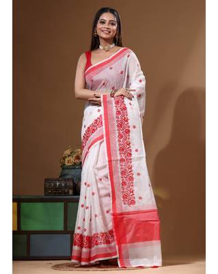 White supernet with computer embroidery saree with blouse piece 1