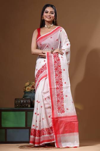 White supernet with computer embroidery saree with blouse piece