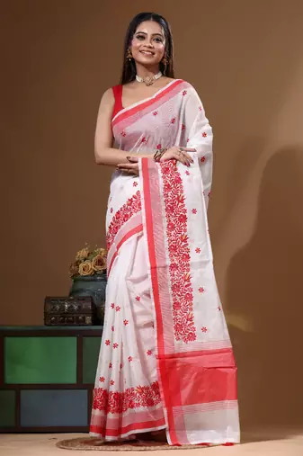 White supernet with computer embroidery saree with blouse piece