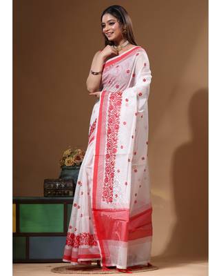 White supernet with computer embroidery saree with blouse piece 2