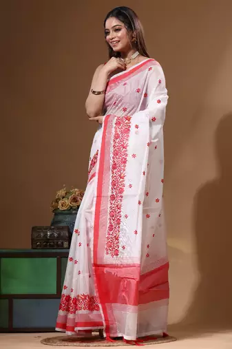 White supernet with computer embroidery saree with blouse piece