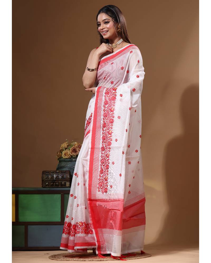 White supernet with computer embroidery saree with blouse piece