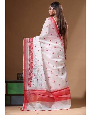 White supernet with computer embroidery saree with blouse piece 3