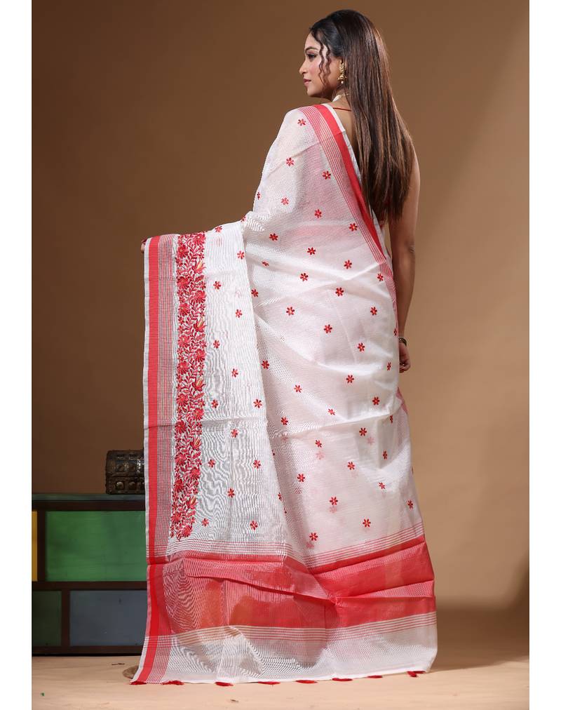 White supernet with computer embroidery saree with blouse piece