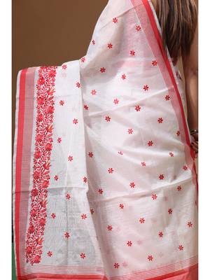 White supernet with computer embroidery saree with blouse piece 4