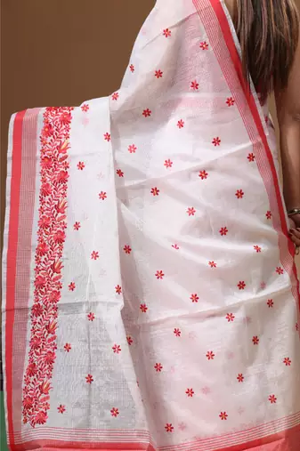 White supernet with computer embroidery saree with blouse piece