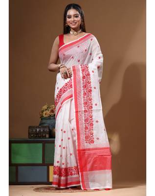 White supernet with computer embroidery saree with blouse piece 5