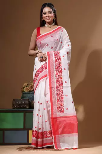 White supernet with computer embroidery saree with blouse piece