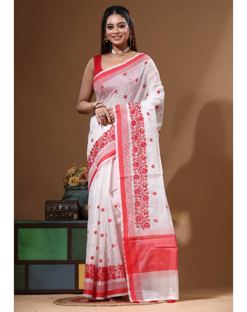 White supernet with computer embroidery saree with blouse piece