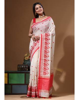 Off-white supernet with computer embroidery saree with blouse piece 1