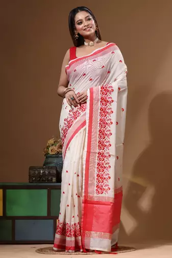 Off-white supernet with computer embroidery saree with blouse piece