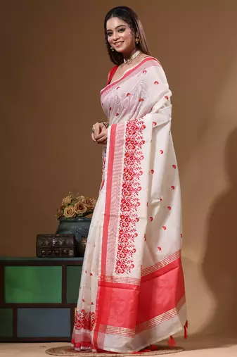 Off-white supernet with computer embroidery saree with blouse piece