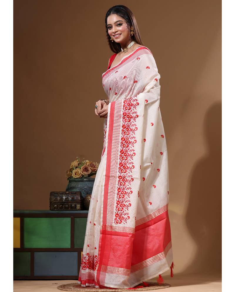 Off-white supernet with computer embroidery saree with blouse piece