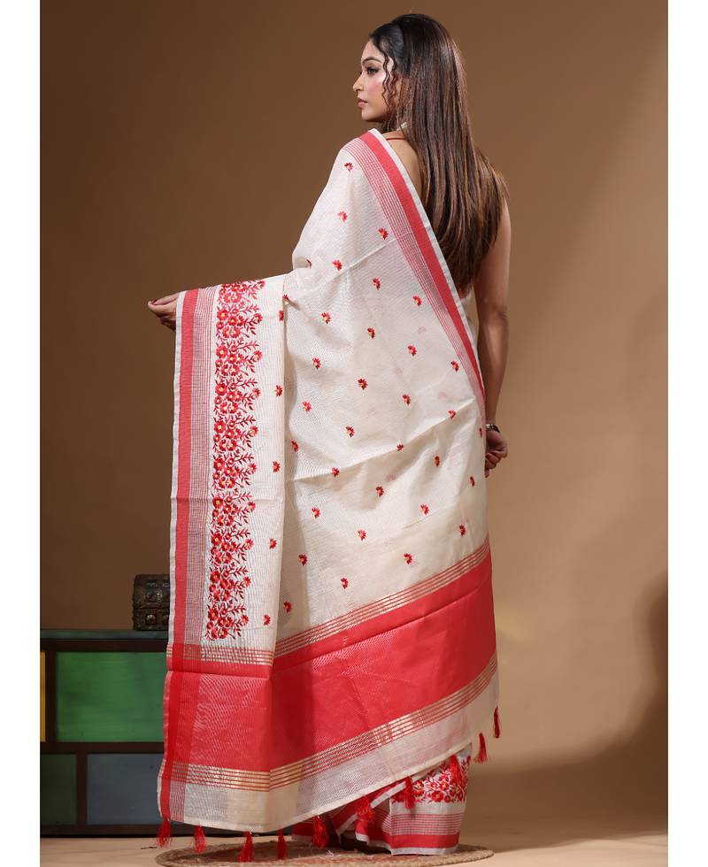 Off-white supernet with computer embroidery saree with blouse piece
