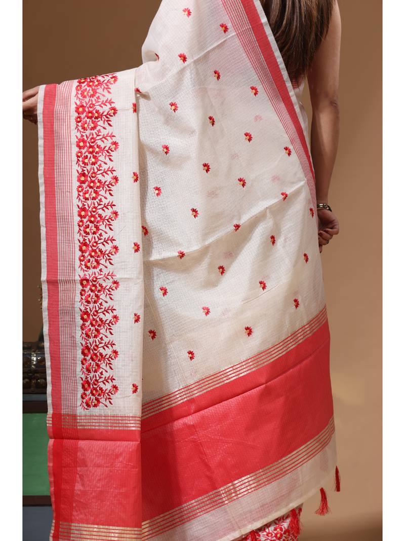 Off-white supernet with computer embroidery saree with blouse piece
