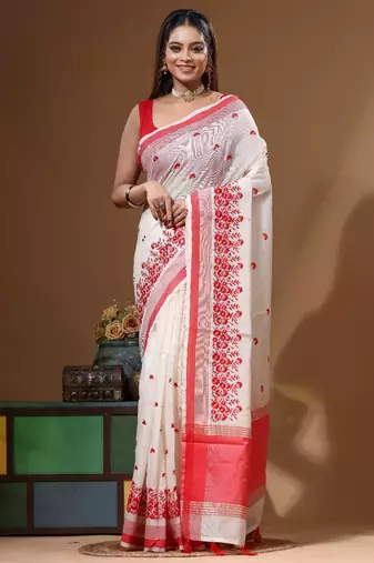 Off-white supernet with computer embroidery saree with blouse piece
