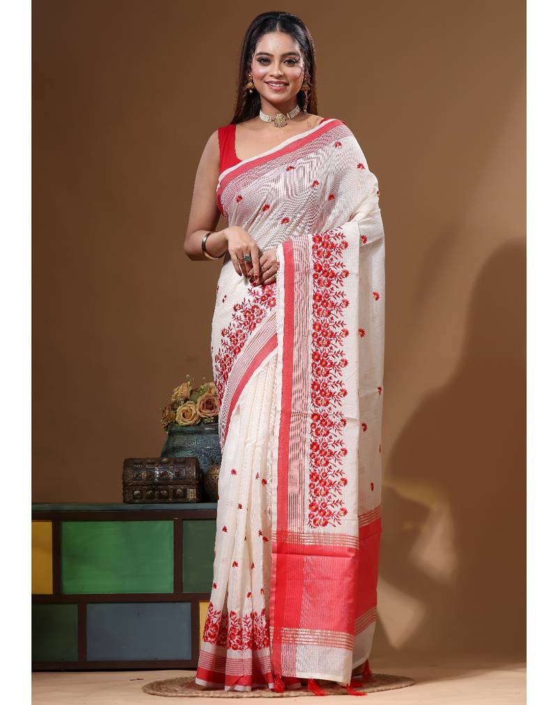 Off-white supernet with computer embroidery saree with blouse piece
