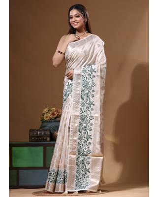 Off-white banarasi silk (jacquard) with computer embroidery saree with blouse piece 2