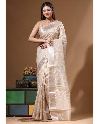 Beige tissue with computer embroidery saree with blouse piece 1
