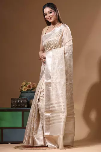 Beige tissue with computer embroidery saree with blouse piece