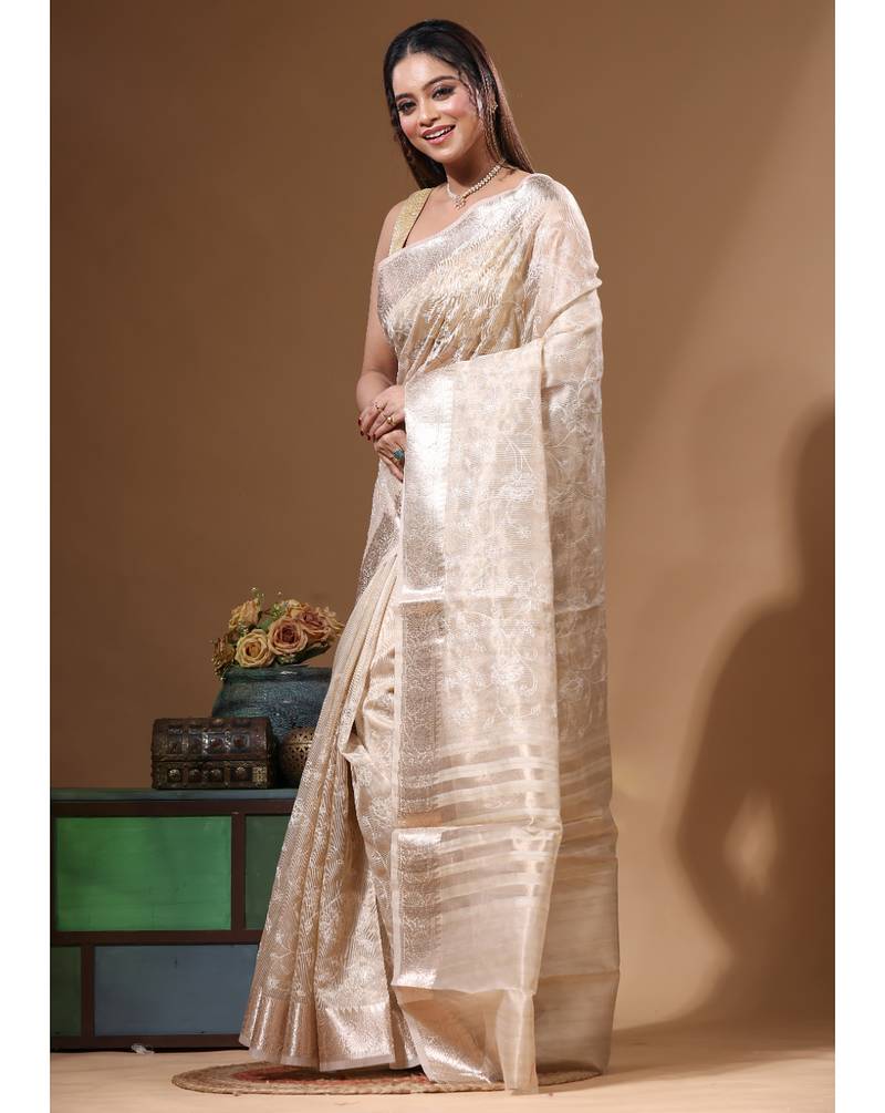 Beige tissue with computer embroidery saree with blouse piece