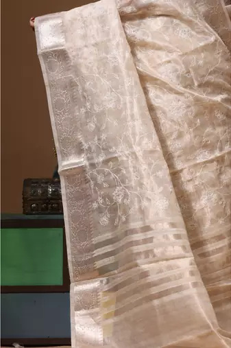 Beige tissue with computer embroidery saree with blouse piece