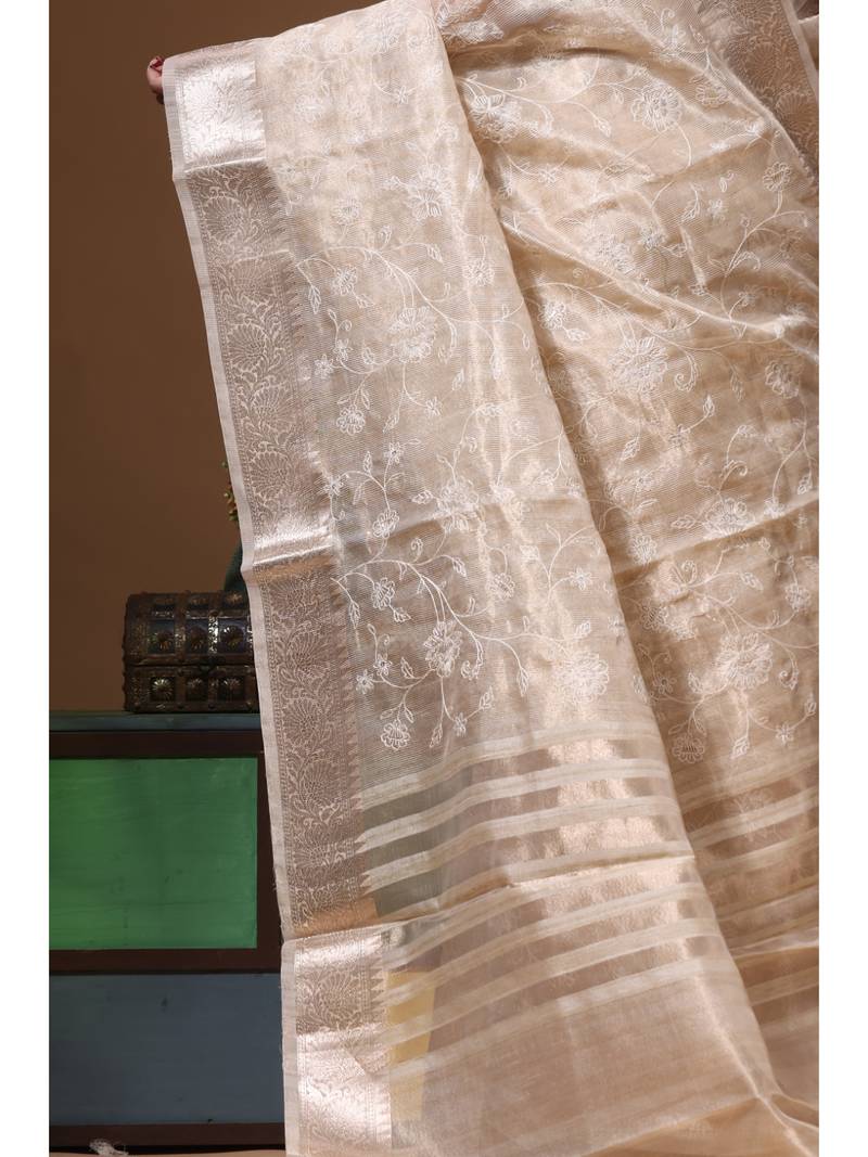 Beige tissue with computer embroidery saree with blouse piece