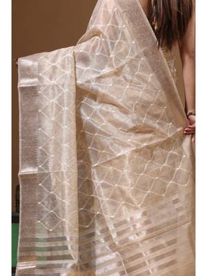 Beige tissue with computer embroidery saree with blouse piece 4